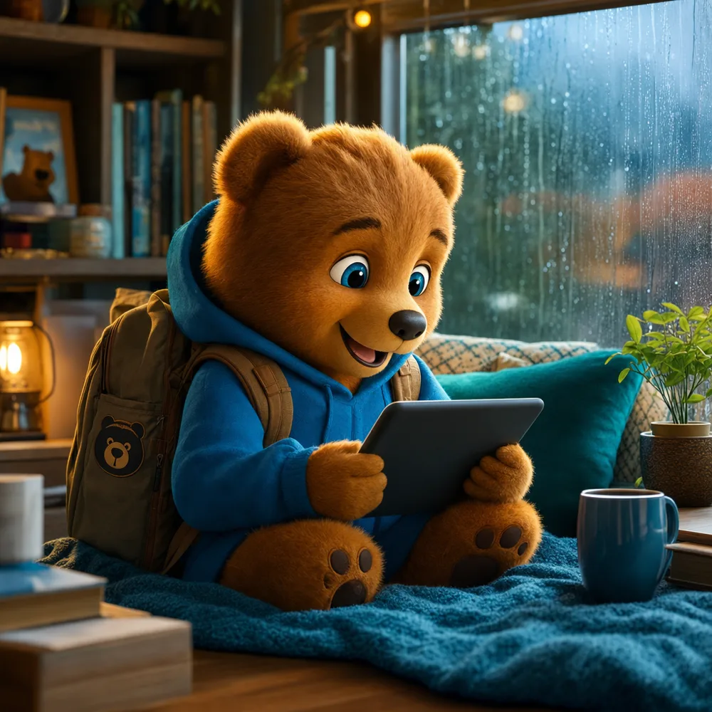 A bear cub playing pretend indoors